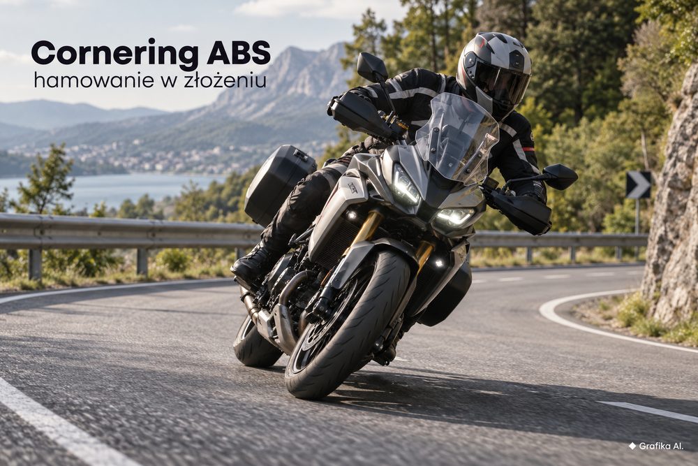 Motocyklista hamujący na zakręcie, ilustracja systemu Cornering ABS