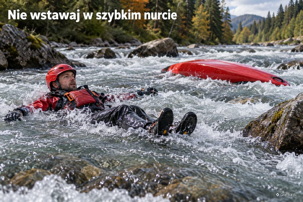 Pozycja pływaka z nogami nad dnem po wywrotce w szybkim nurcie