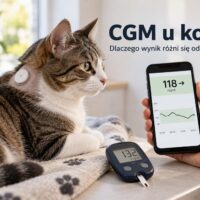 Kot z sensorem glukozy i porównanie odczytu CGM z glukometrem