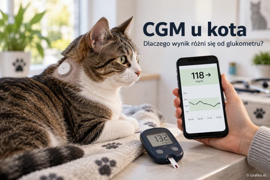 Kot z sensorem glukozy i porównanie odczytu CGM z glukometrem