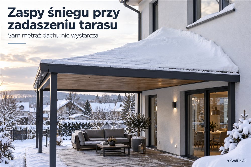 Ilustracja AI: nawiewana zaspa śniegu na zadaszeniu tarasu przy ścianie budynku.